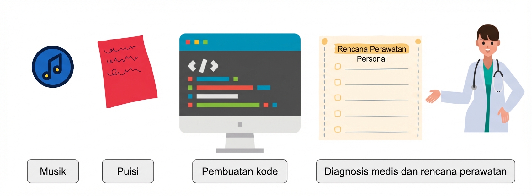 Gambar yang menampilkan kemampuan baru seperti musik, puisi, pembuatan kode, diagnosis dan perawatan medis
