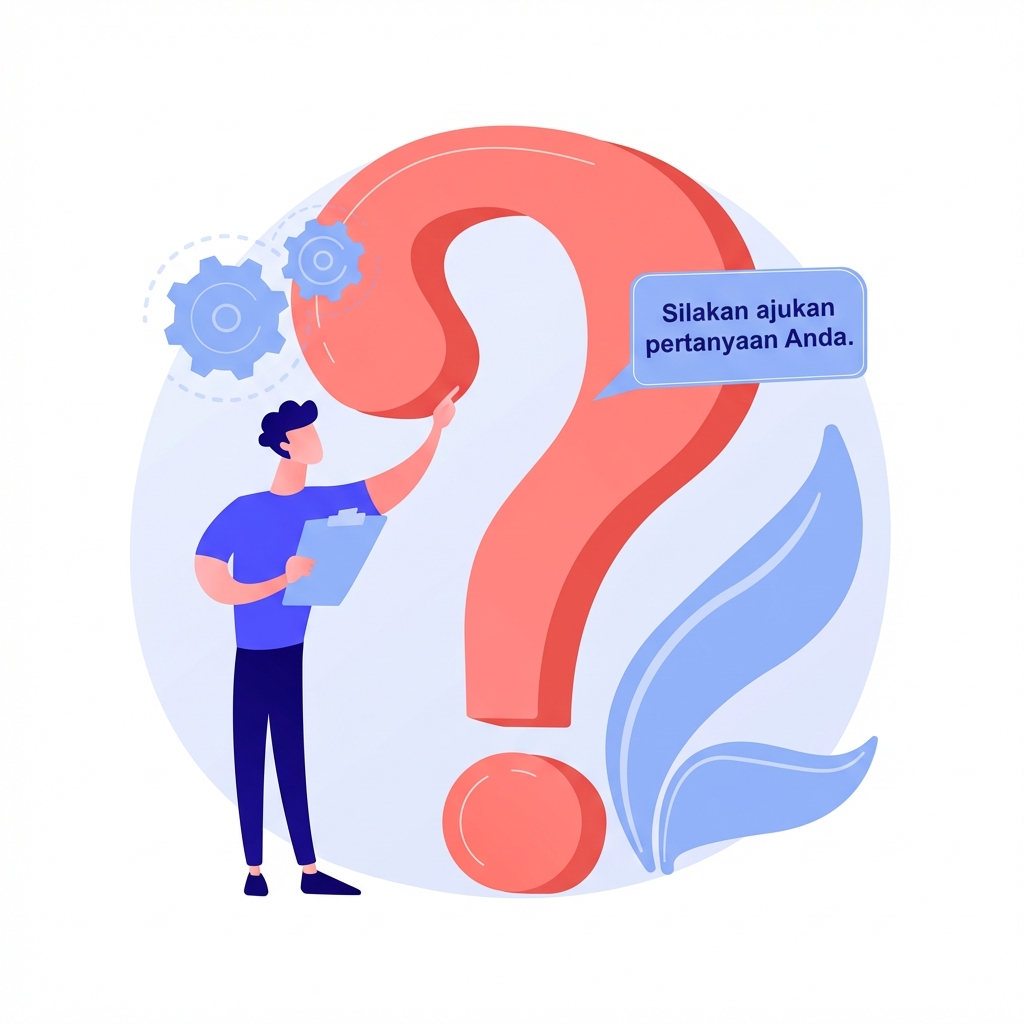 Seseorang berdiri dengan papan catatan menunjuk teks umum dan tanda tanya besar