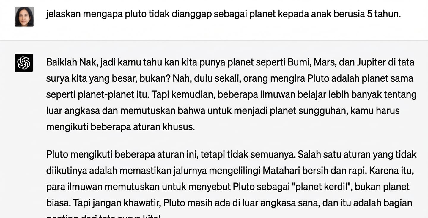 Cuplikan chat yang menjelaskan mengapa Pluto bukan bagian dari tata surya untuk anak 5 tahun.