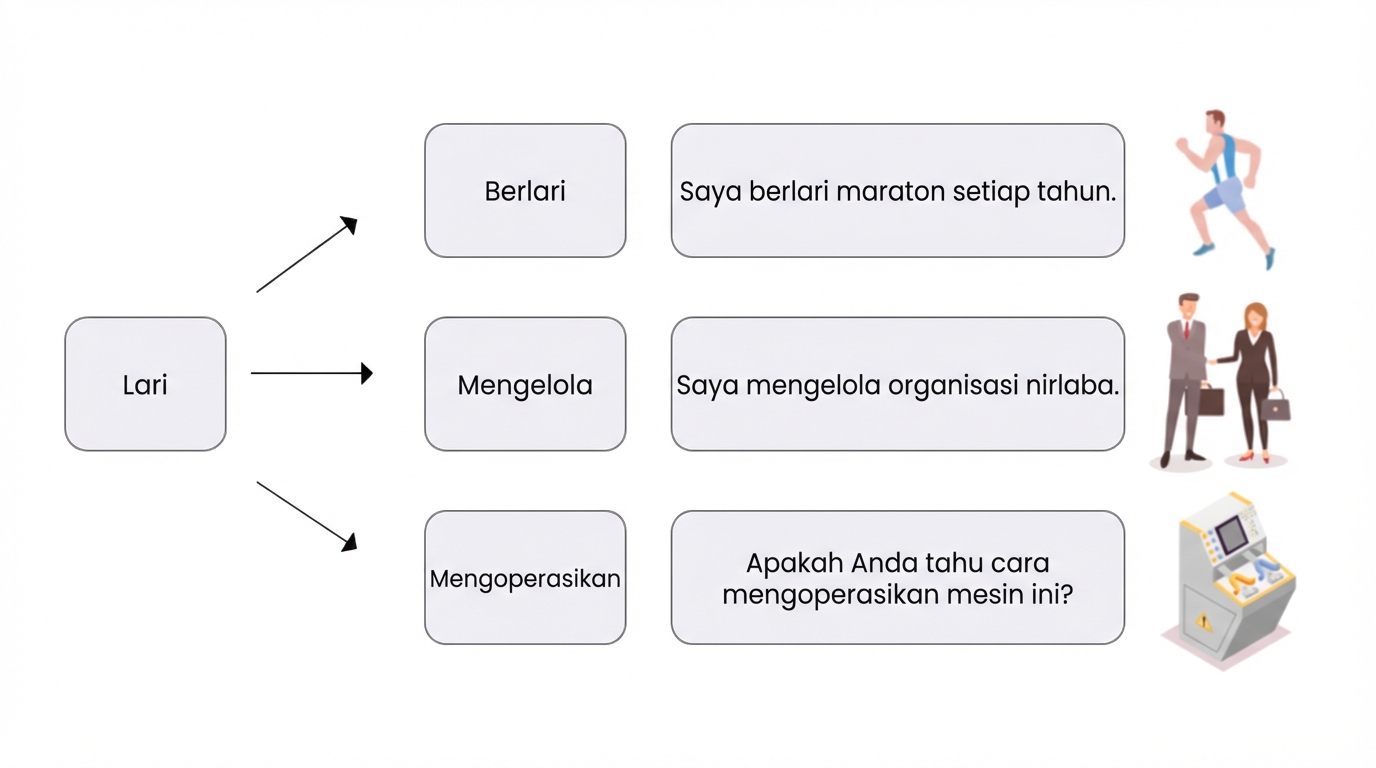 Menambah konteks pada gambar sebelumnya dengan contoh makna berbeda menurut konteks.