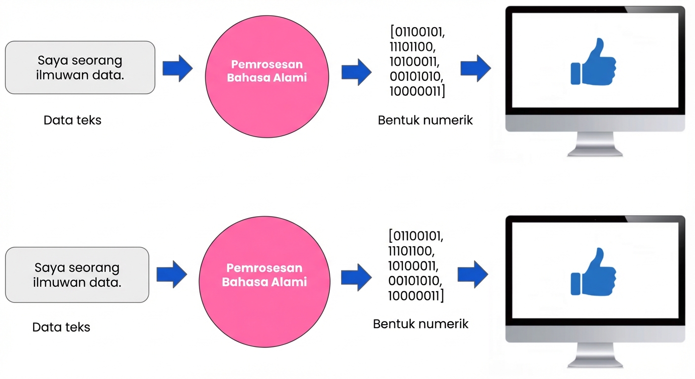 Gambar yang menampilkan NLP sebagai jembatan antara teks dan angka yang dipahami komputer