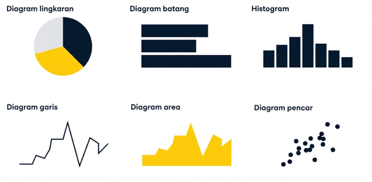 Representasi visual diagram pai, batang, histogram, garis, area, dan sebar
