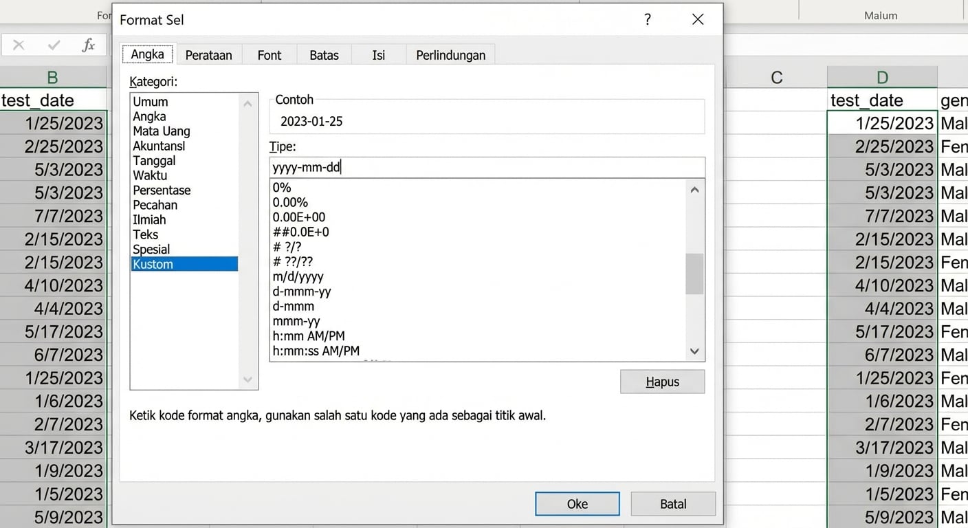 Tangkapan layar data hasil tes; kolom test_date dipilih dan format diubah ke format kustom