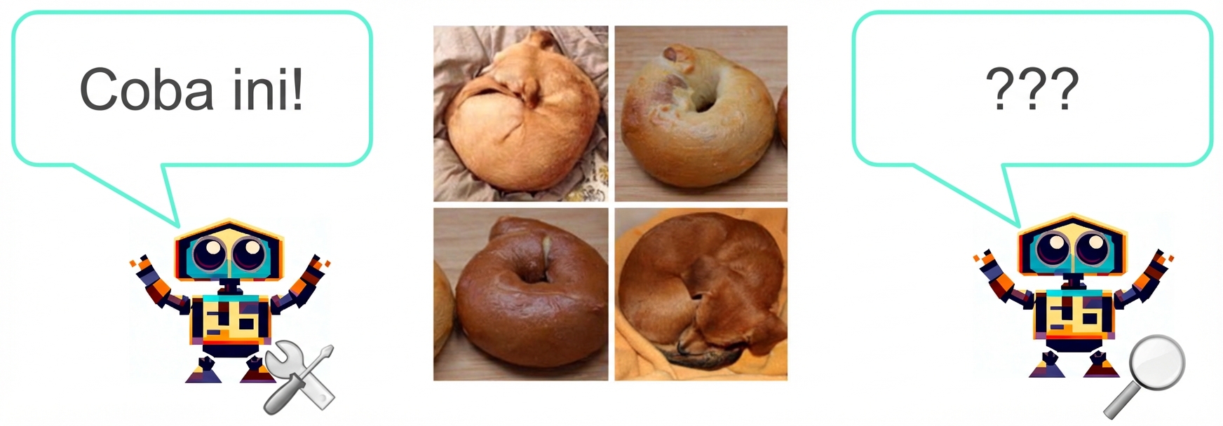 Model generatif kartun menantang model diskriminatif dengan gambar anak anjing meringkuk yang mirip bagel