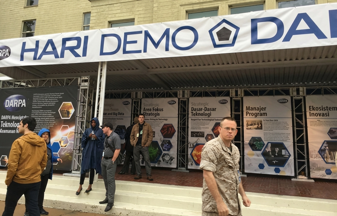 Gambar stan pameran konferensi dengan spanduk bertuliskan "DARPA Demo Day"