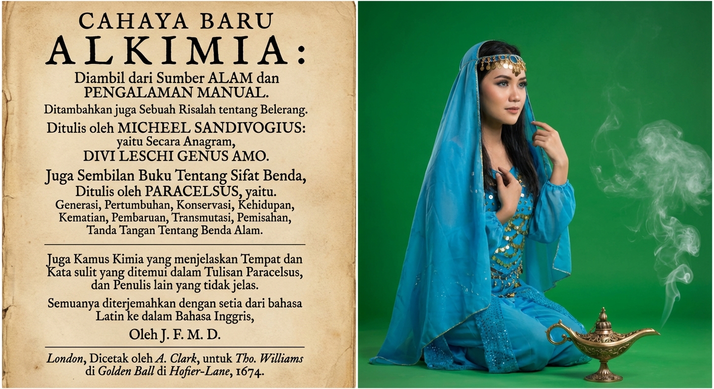 Gambar naskah alkemi dan jin keluar dari lampu ajaib