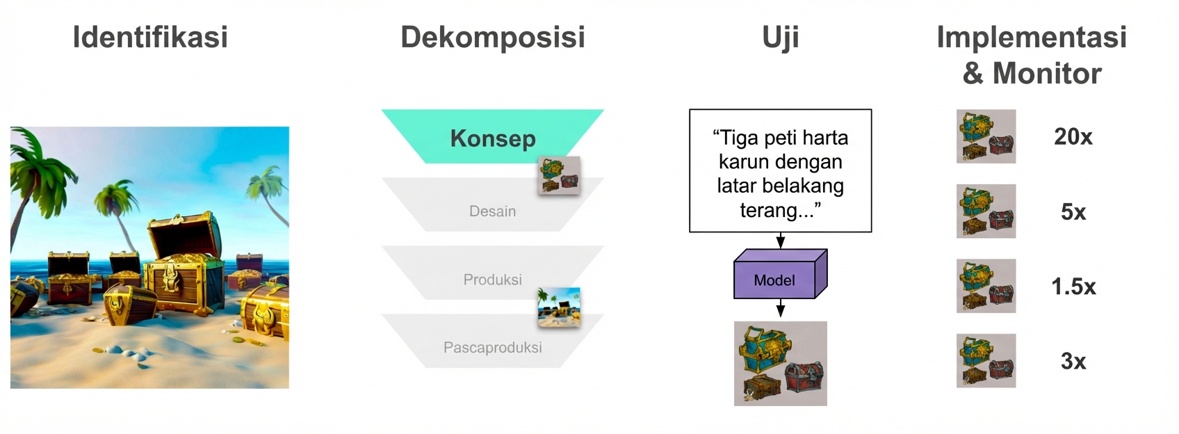 Beberapa gambar concept art peti harta karun masing-masing dengan skor peningkatan kinerja 1,5x hingga 20x.