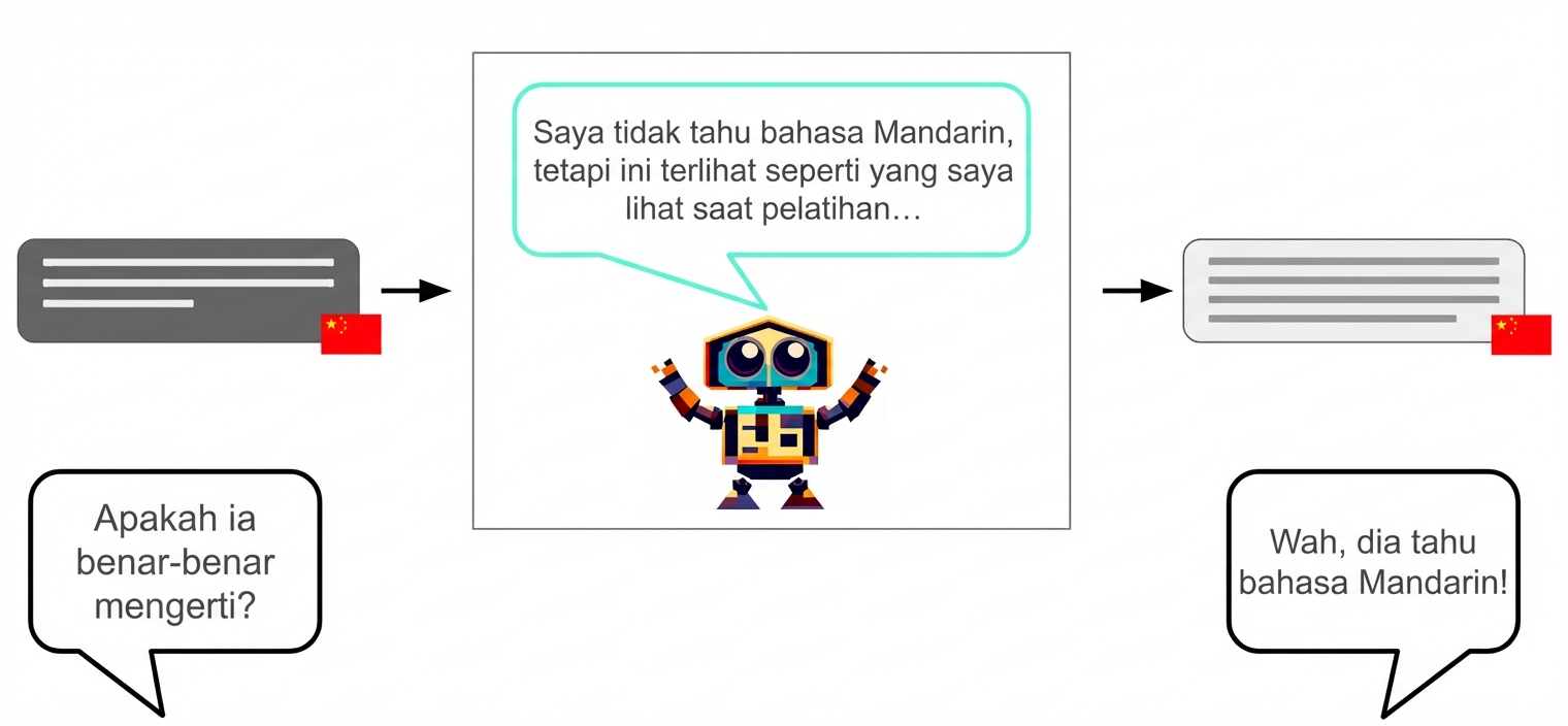 Robot menerima masukan huruf Tionghoa dan menghasilkan huruf Tionghoa. Namun, di dalam kotak ia berpikir, "Saya sebenarnya tidak paham bahasa Tionghoa, tapi ini mirip dengan yang saya lihat saat pelatihan..."