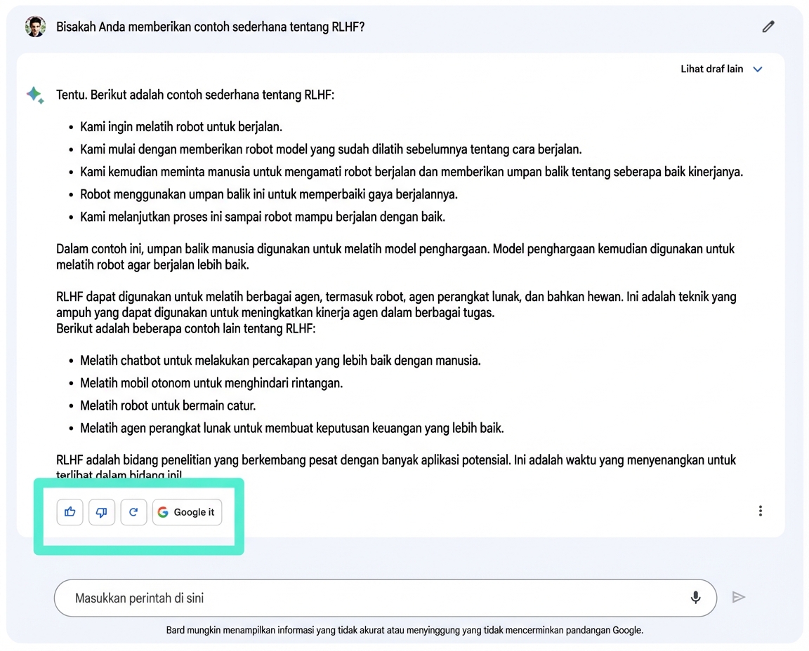 Gambar antarmuka chat Google Bard dengan opsi umpan balik 'jempol naik' dan 'jempol turun' disorot