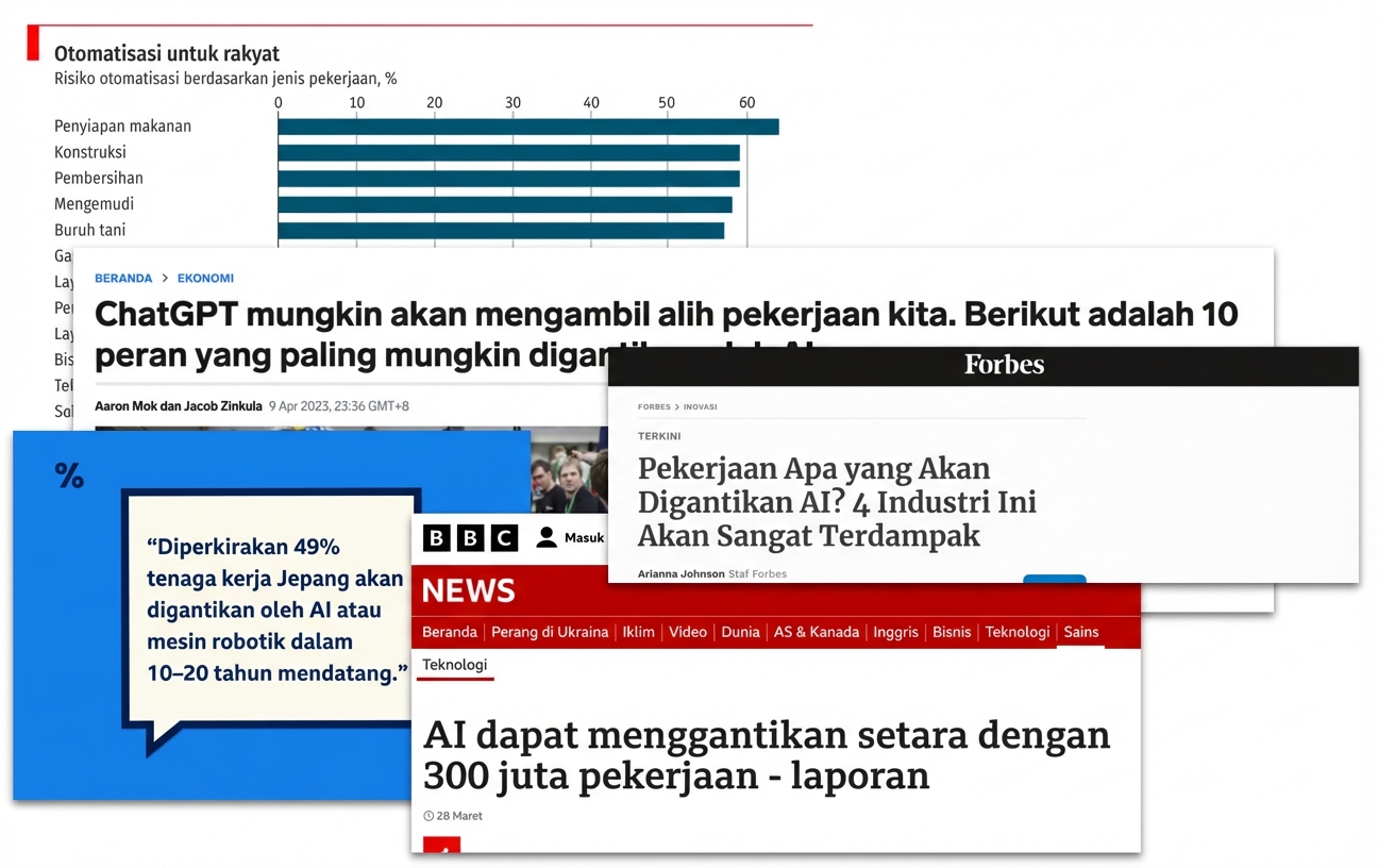 Judul berita dan grafik yang menyatakan AI akan menggantikan berbagai pekerjaan