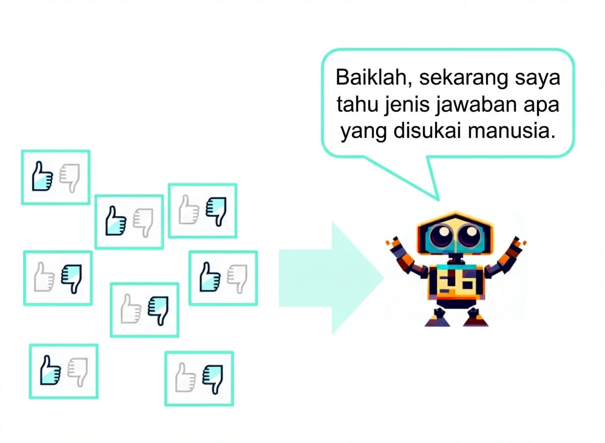 Beberapa balasan teks diberi nilai jempol naik atau turun lalu dikirim ke robot yang berkata, "Baik, sekarang saya tahu jawaban seperti apa yang disukai manusia"