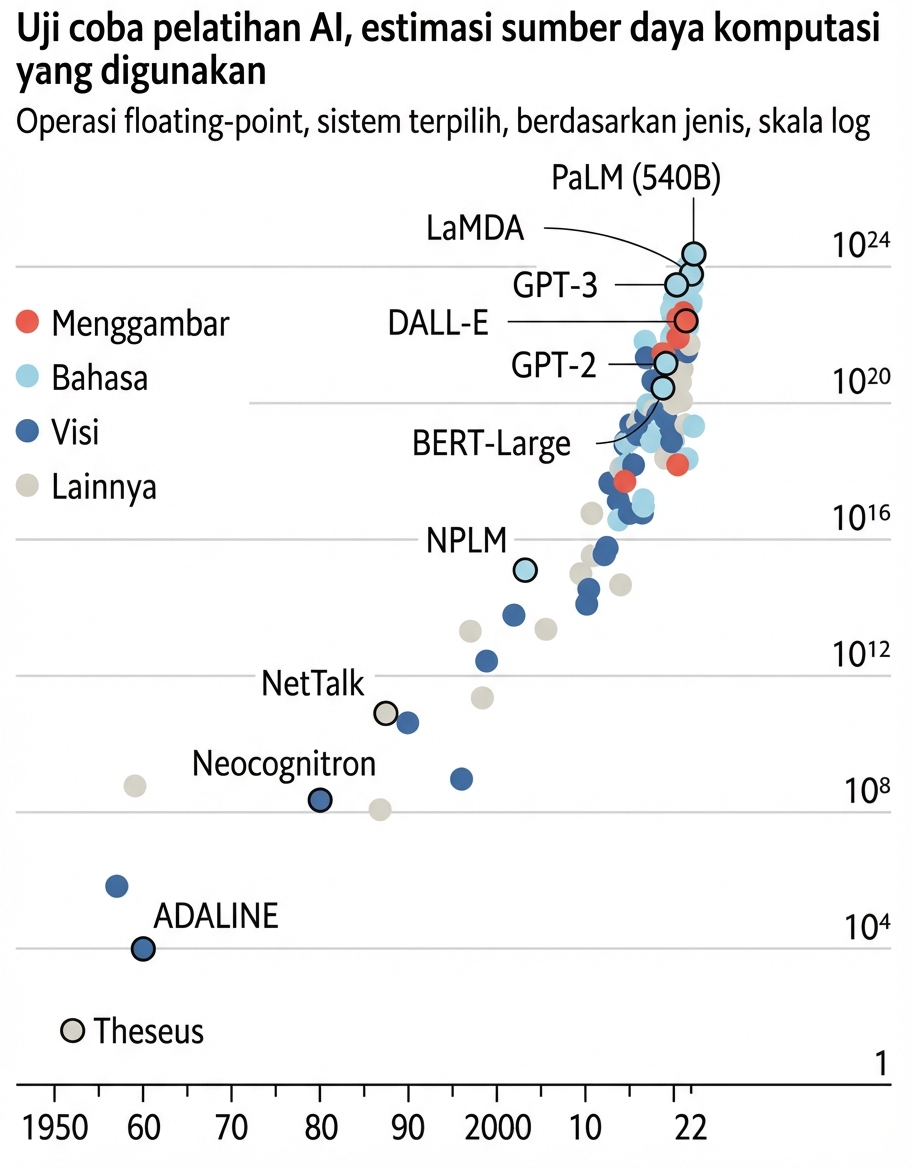 Bagan yang menunjukkan pertumbuhan eksponensial daya komputasi untuk pelatihan model AI dari kurang dari 10^4 operasi floating point pada 1950 hingga 10^24 pada 2022.