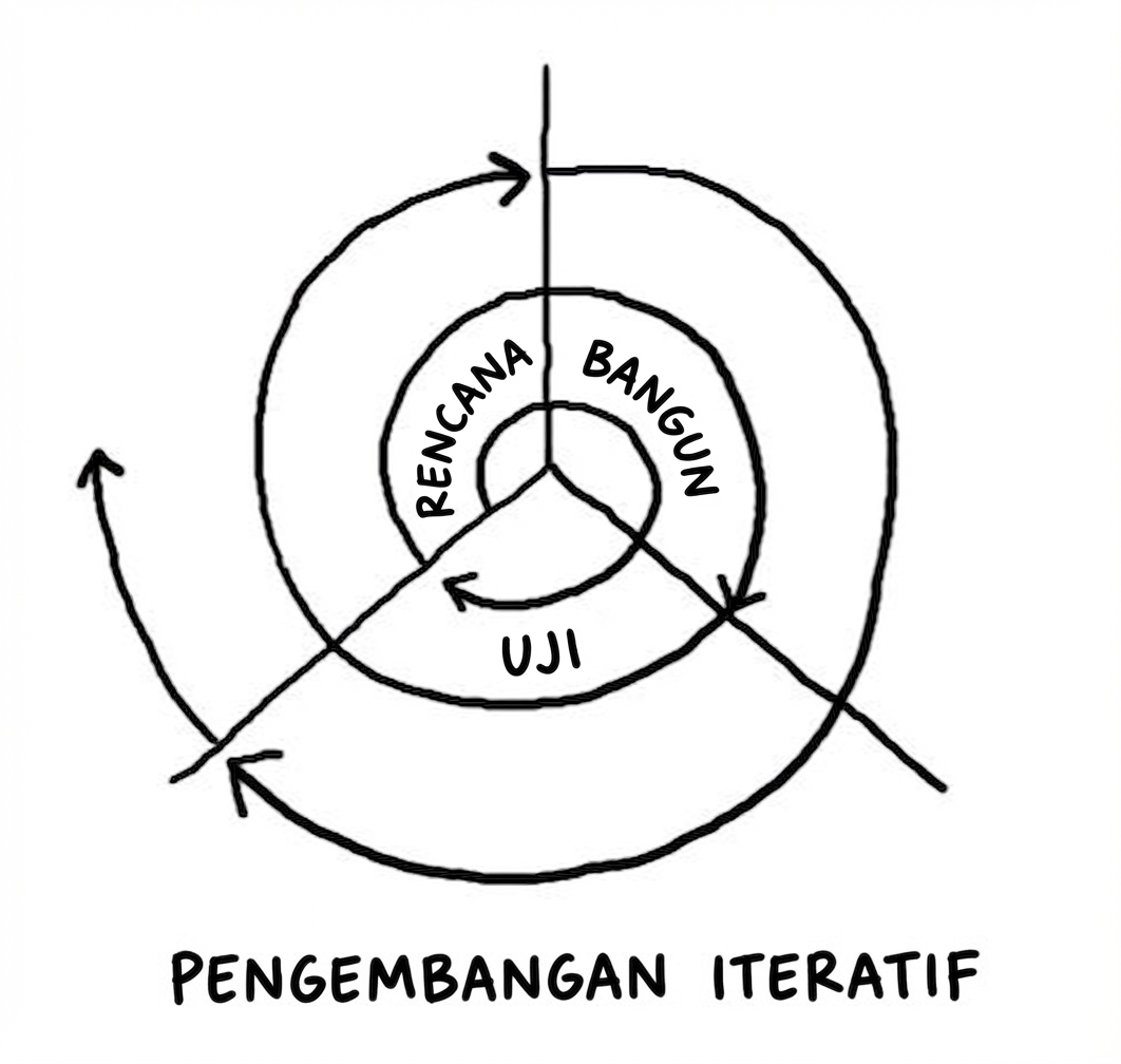 Visual pengembangan iteratif dengan tiap langkah bergerak spiral ke luar