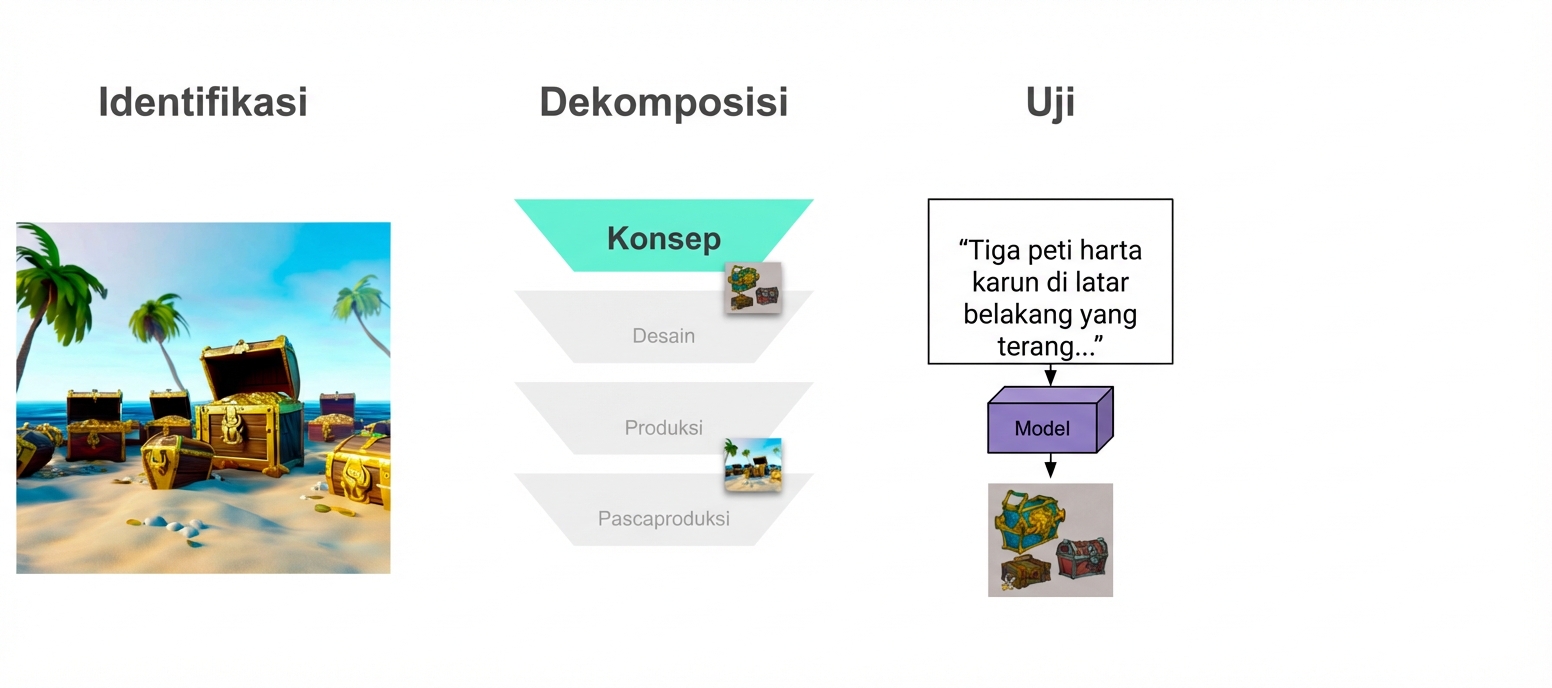 Prompt "Tiga peti harta karun di latar terang..." dikirim ke model yang membalas dengan gambar sesuai