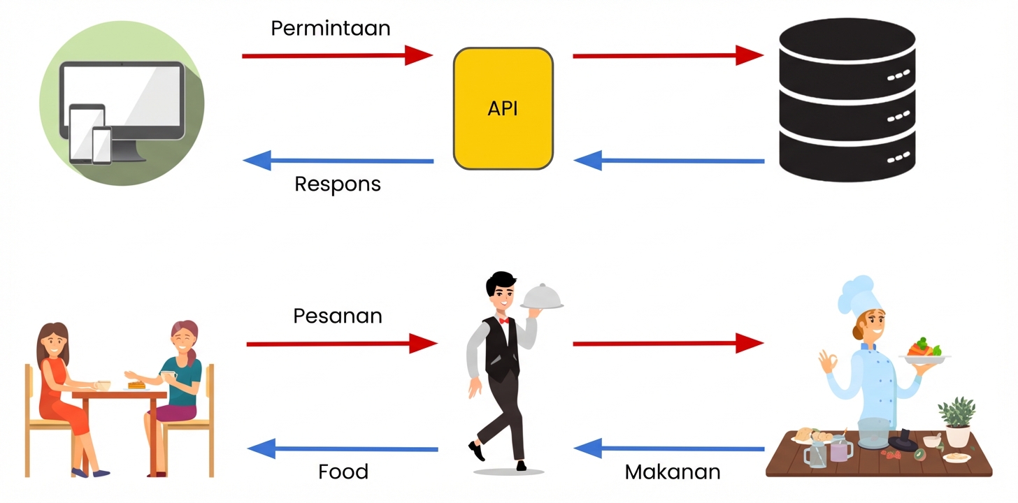 Seorang pelayan mengantar pesanan dan makanan antara dapur dan meja. Ini meniru cara kerja API antar perangkat dan sistem.