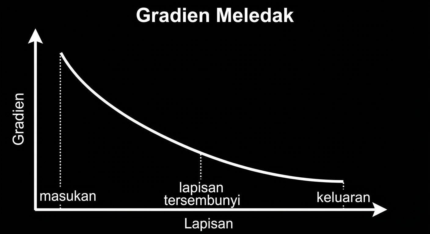 Grafik ukuran gradien vs indeks layer: pada layer awal, gradien lebih besar