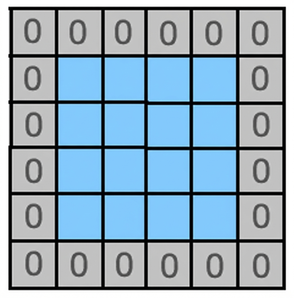 Gambar 4 kali 4 dikelilingi bingkai piksel bernilai nol.