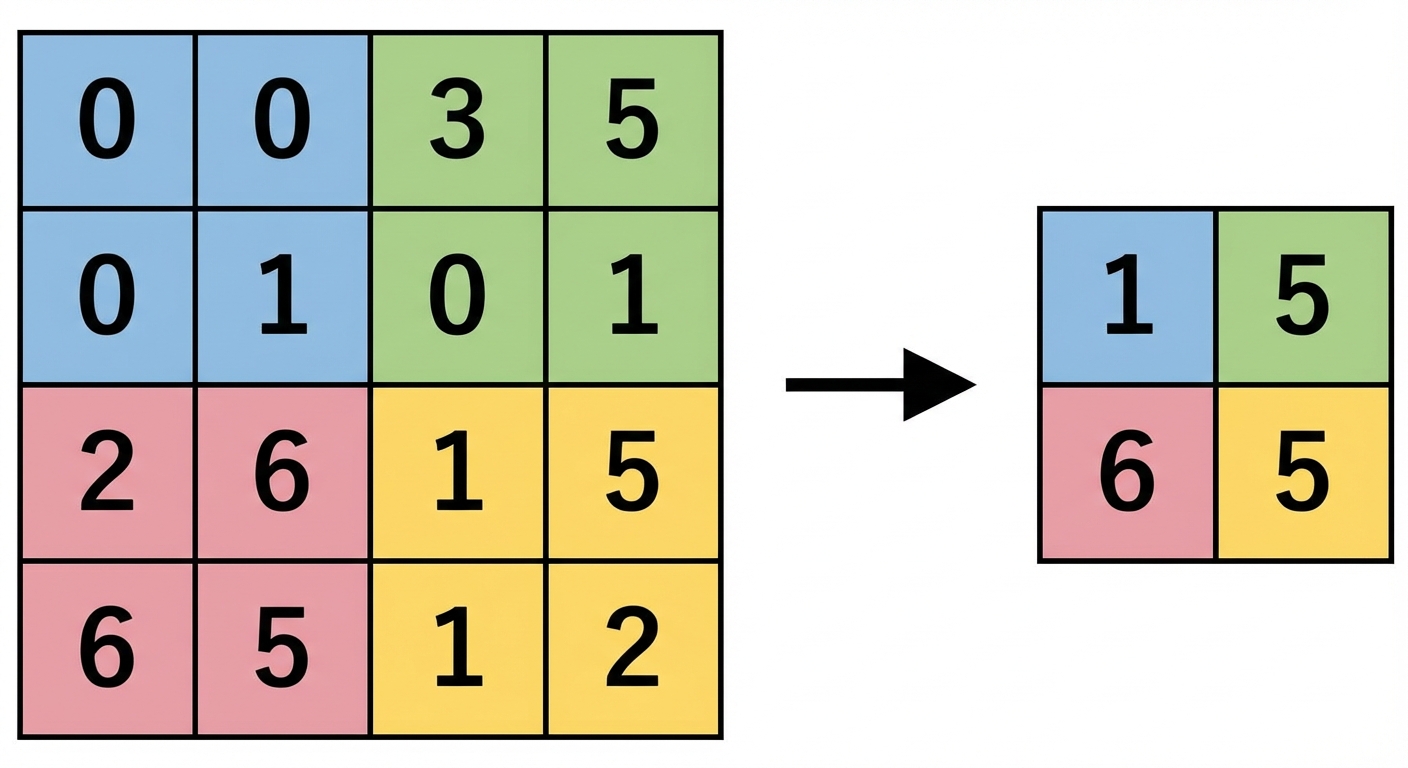 Matriks 4 kali 4 dengan tiap seperempat 2 kali 2 berwarna berbeda menjadi matriks 2 kali 2 setelah max pooling.