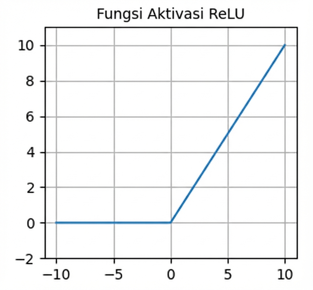 Plot fungsi ReLU. Untuk nilai di bawah nol, garis mendatar di nol; untuk nilai di atas nol, garis berlereng positif.