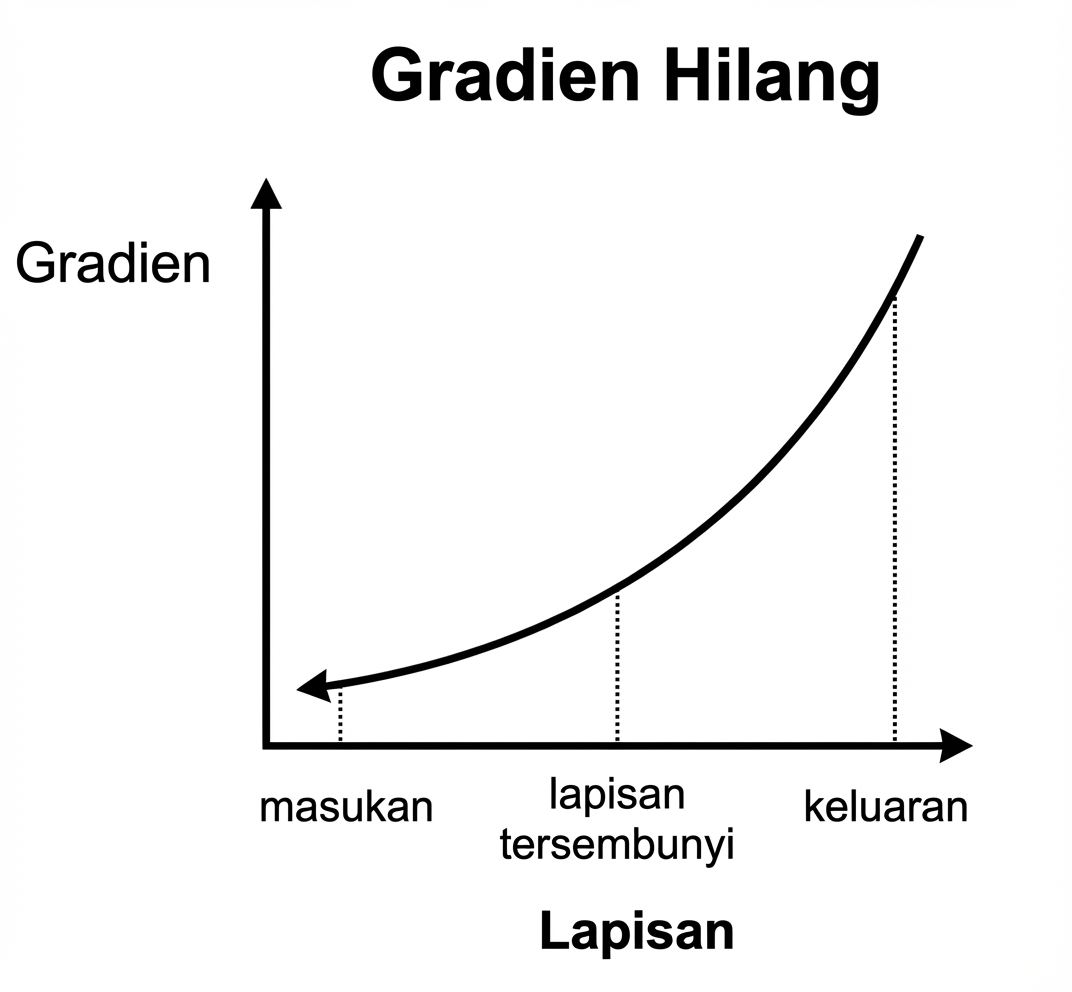 Grafik ukuran gradien vs indeks layer: pada layer awal, gradien lebih kecil