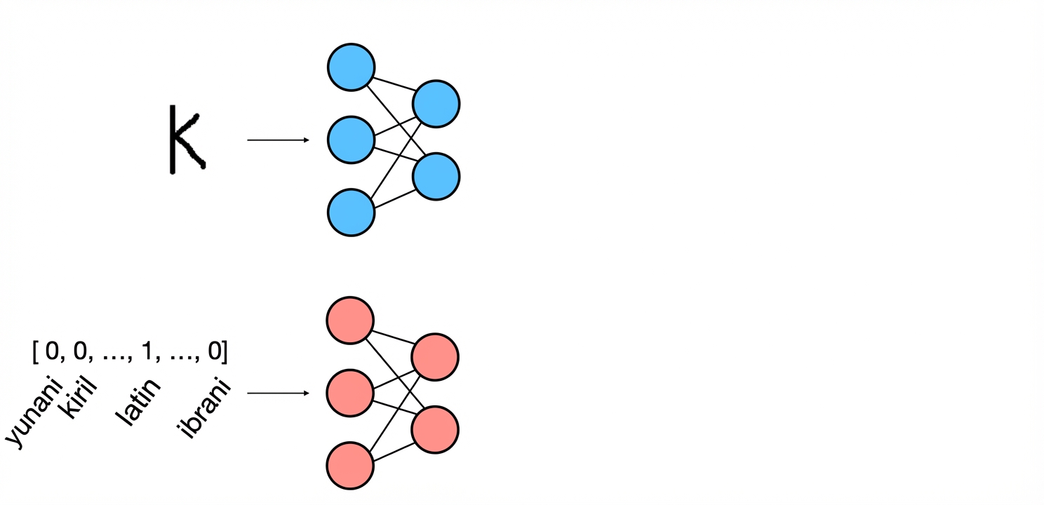 Skema model: vektor one-hot alfabet dikirim ke jaringan saraf.
