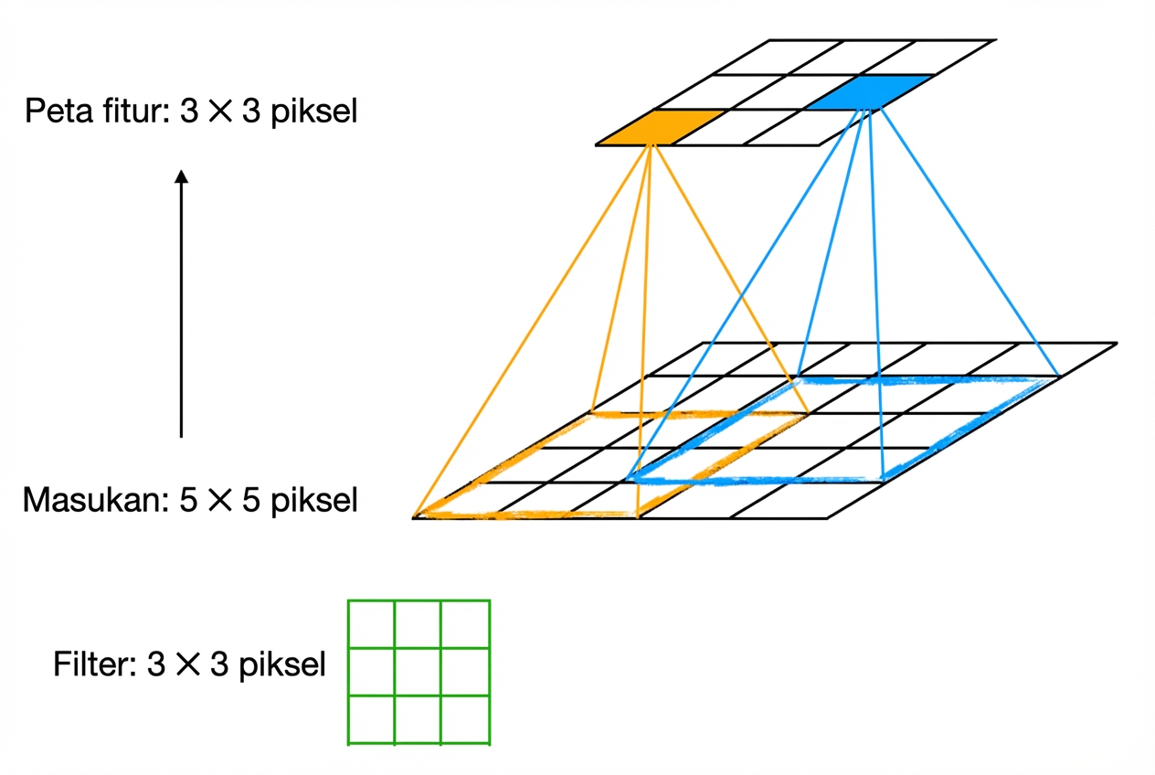 Filter ukuran 3 kali 3 bergeser di atas input ukuran 5 kali 5 untuk menghasilkan feature map ukuran 3 kali 3.