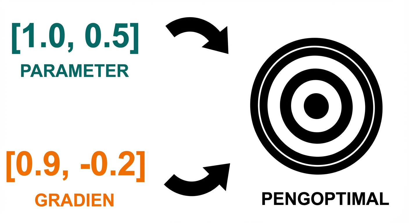 Panah menunjukkan bagaimana dua vektor parameter dan gradien dimasukkan ke optimizer, digambar seperti papan target.