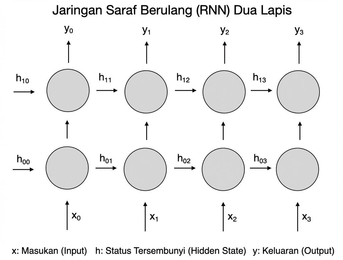 Skema dua neuron rekuren membentuk satu lapisan. Pada setiap langkah waktu, keluaran y diteruskan ke neuron lain.