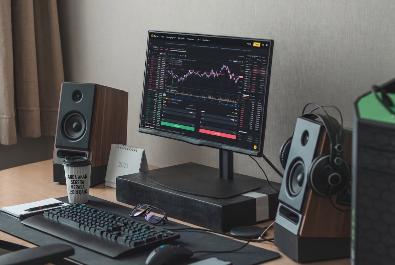 Serangkaian pengeras suara dan layar komputer dengan perangkat lunak pemrosesan audio terbuka.