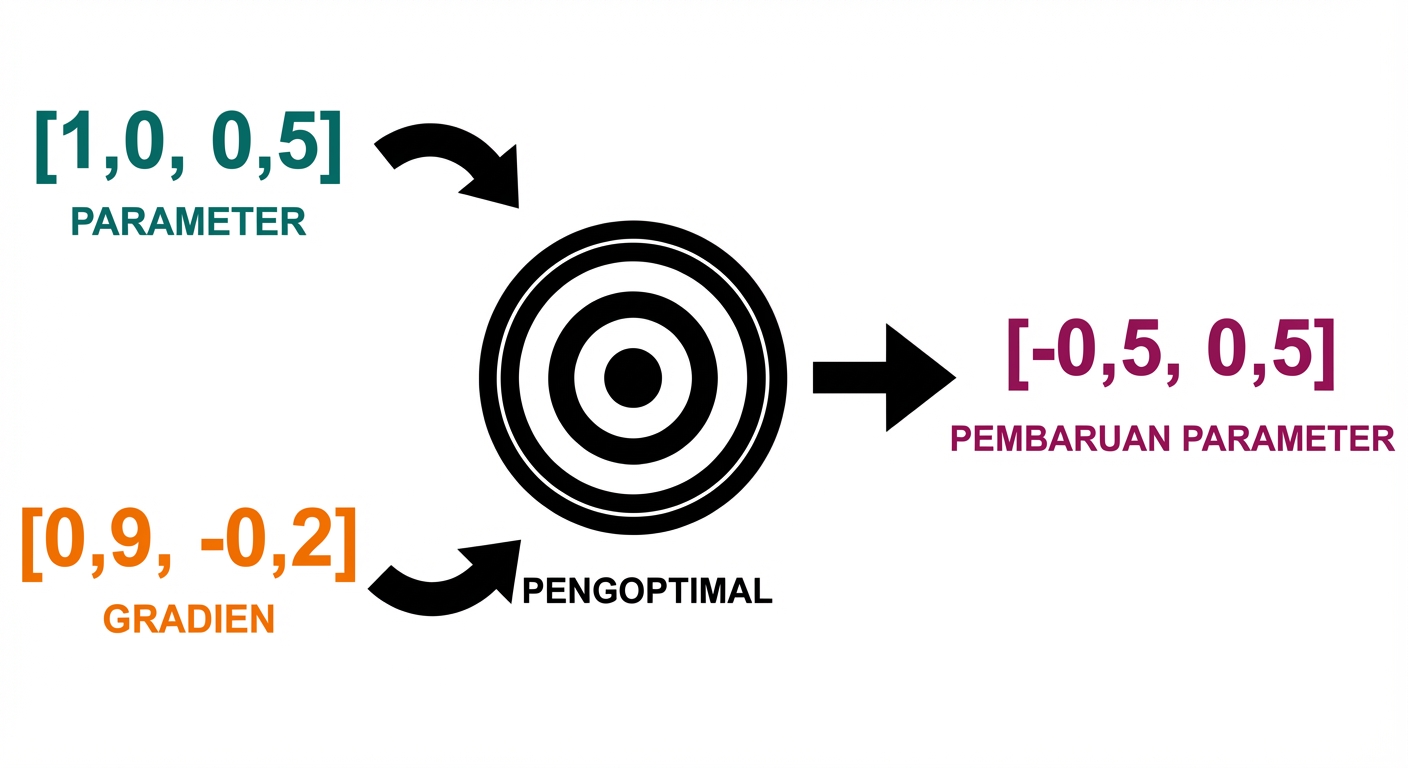 Sebuah panah dari optimizer mengarah ke vektor dengan dua pembaruan parameter: -0,5 dan 0,5.