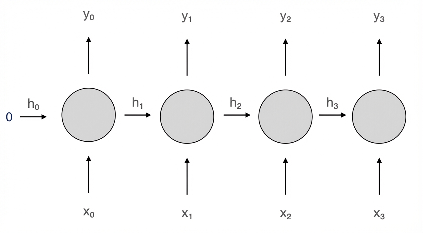 Skema neuron rekuren. Pada langkah waktu 2, menerima masukan h2 dan x2, dan menghasilkan keluaran y2 dan h3.