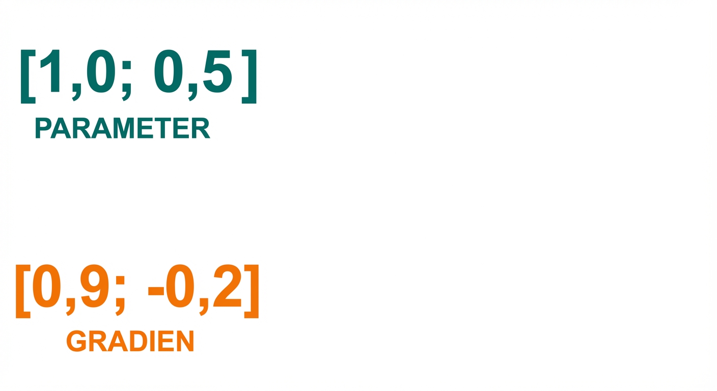 Dua vektor berdimensi dua: satu berisi nilai parameter (1 dan 0,5), satu lagi berisi gradien (0,9 dan -0,2).