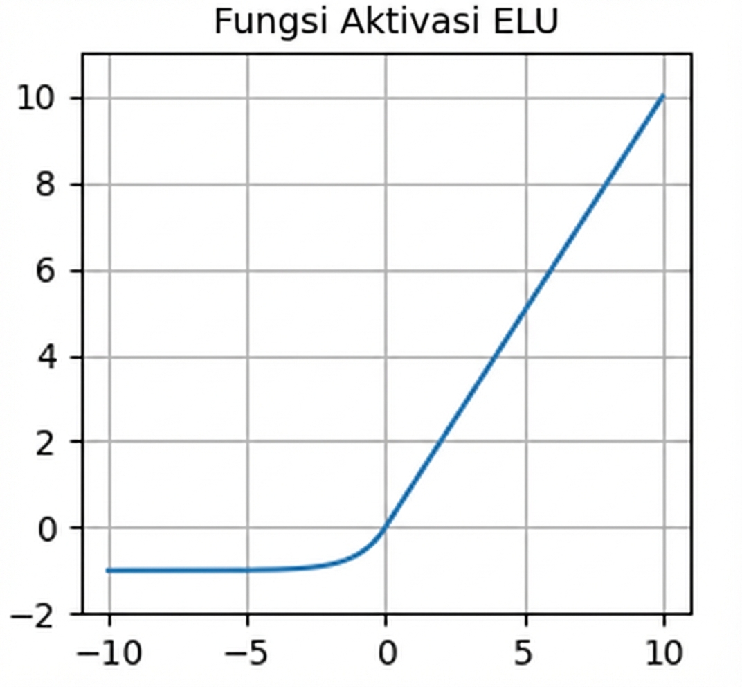 Plot fungsi ELU. Mirip ReLU namun transisi negatif ke positif mulus dan melengkung.