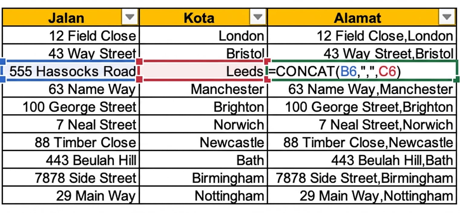 Gambar tabel di Excel yang menunjukkan kolom jalan dan kota terpisah, dengan kolom ketiga menggunakan fungsi CONCAT untuk menggabungkan informasi.