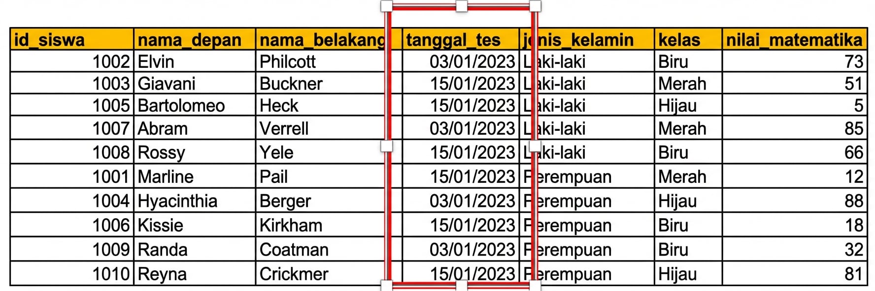 Contoh tabel data ujian siswa yang dimasukkan manual di Excel dengan kolom tanggal test_date disorot