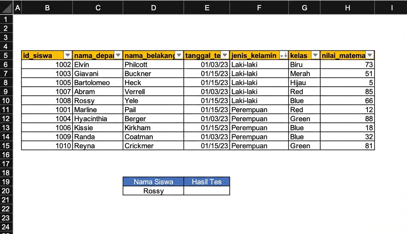 Contoh spreadsheet dengan tabel hasil siswa dan satu sel yang perlu diisi dengan rumus lookup.
