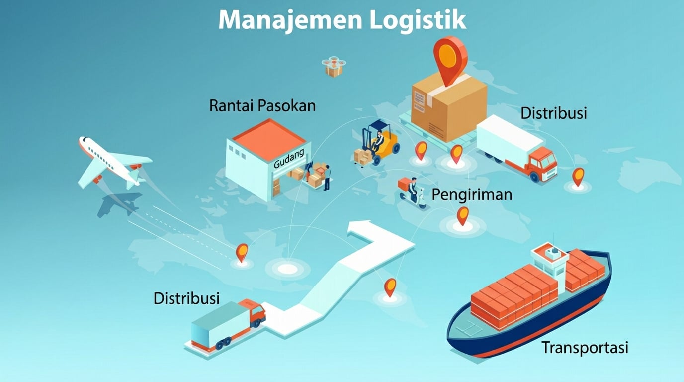 Gambar kartun berbagai metode pengiriman rantai pasok dan fasilitas penyimpanan.