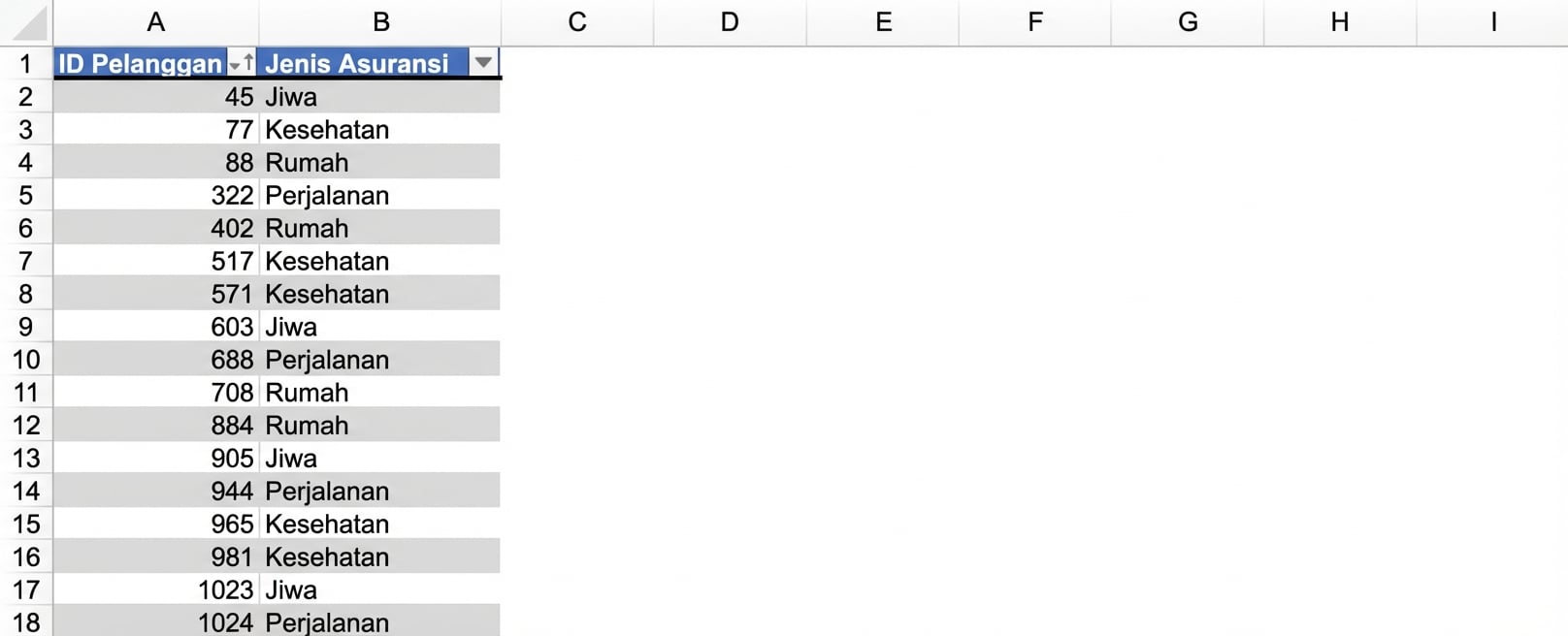 Data asuransi menampilkan ID pelanggan dan jenis asuransi