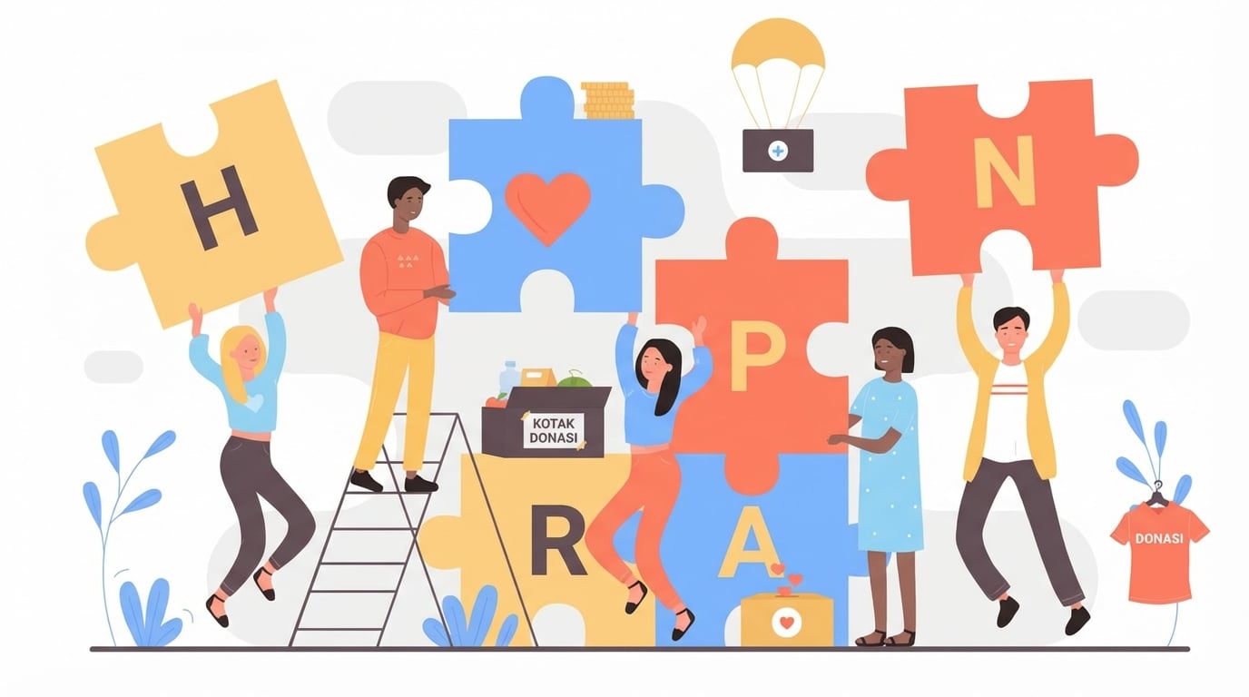 Gambar kartun orang menyusun bentuk puzzle berhuruf untuk membentuk kata.