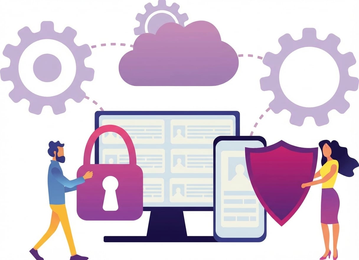 Gambar dua orang melindungi layar komputer dan ponsel