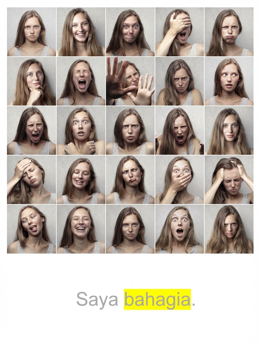 Serangkaian emosi ditambah kalimat "Saya bahagia" dengan kata "bahagia" yang disoroti.