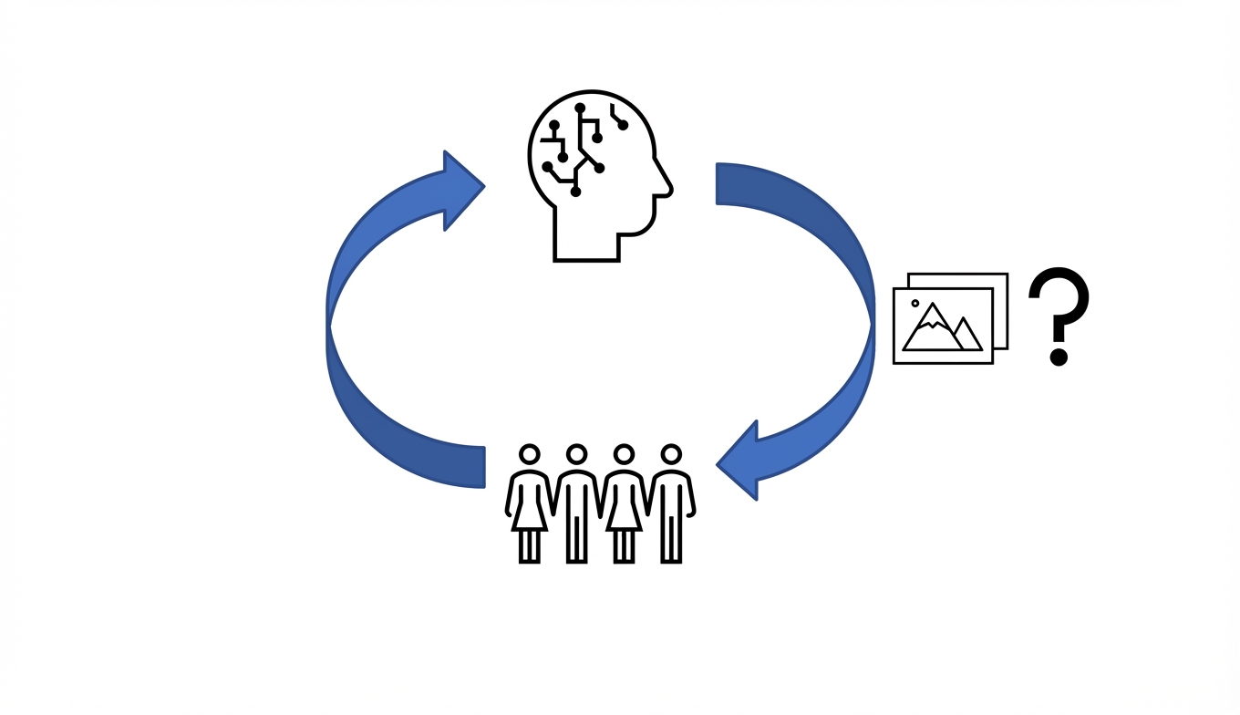 Sebuah lingkaran dengan AI di bagian atas dan manusia di bagian bawah. Gambar dengan tanda tanya di samping.