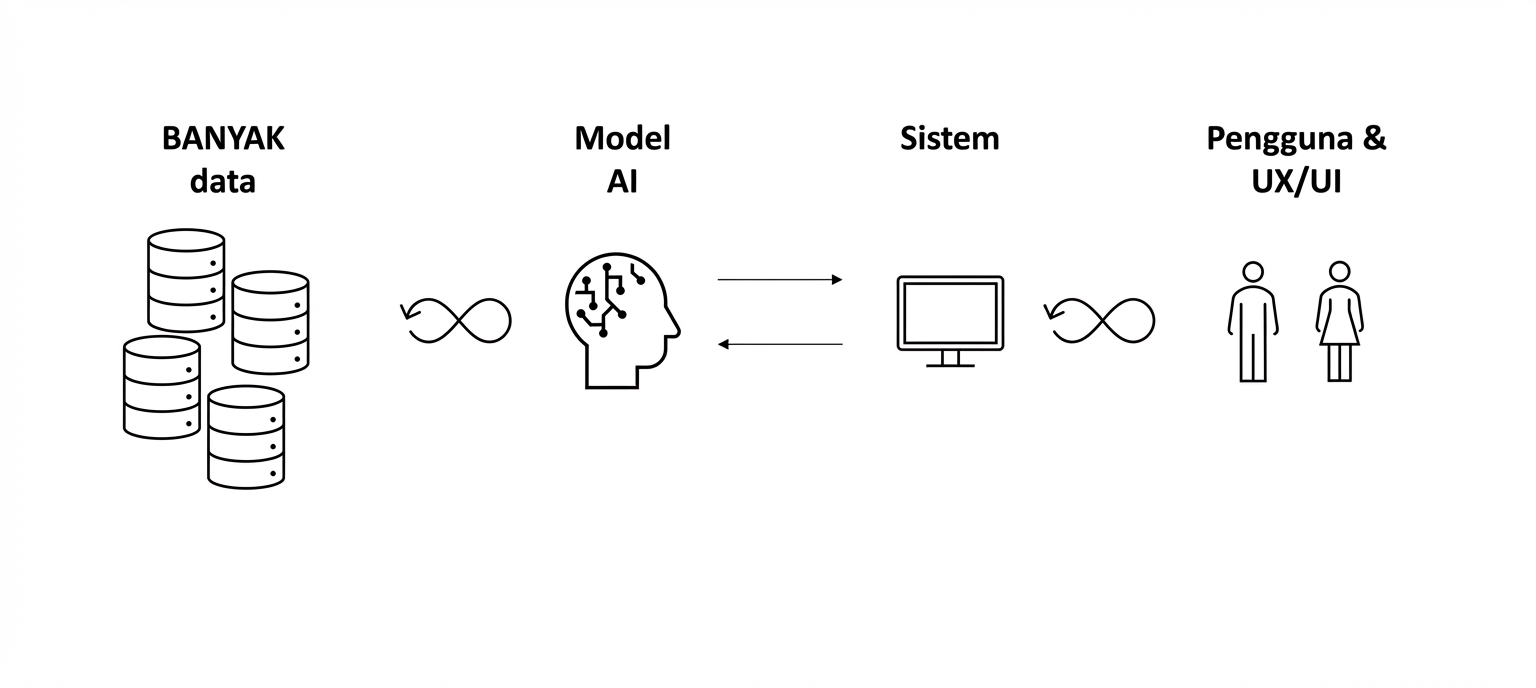 Gambaran delapan panah yang digambar di antara data dan otak AI, serta antara komputer dan manusia.
