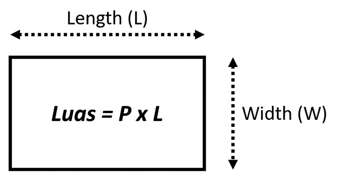 Gambar yang menunjukkan persegi panjang dan rumus untuk menghitung luasnya dari lebar dan panjang. Luas = panjang\*lebar.