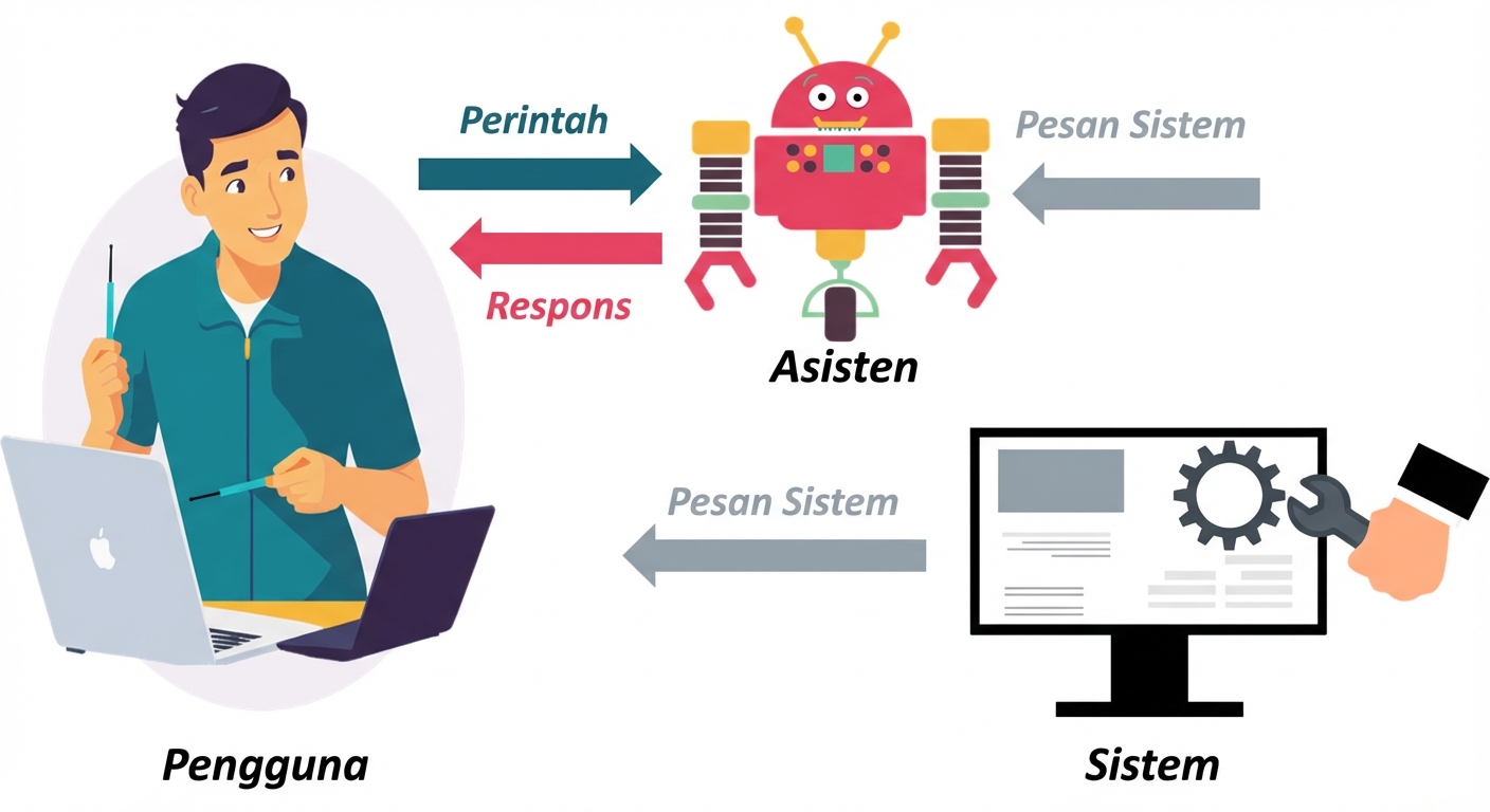 Gambar menampilkan ikon untuk tiga peran, dengan panah komunikasi antara system dan assistant untuk mengirim pesan system, panah komunikasi antara user dan assistant untuk mengirim prompt, dan panah komunikasi antara assistant dan user untuk mengirim respons.