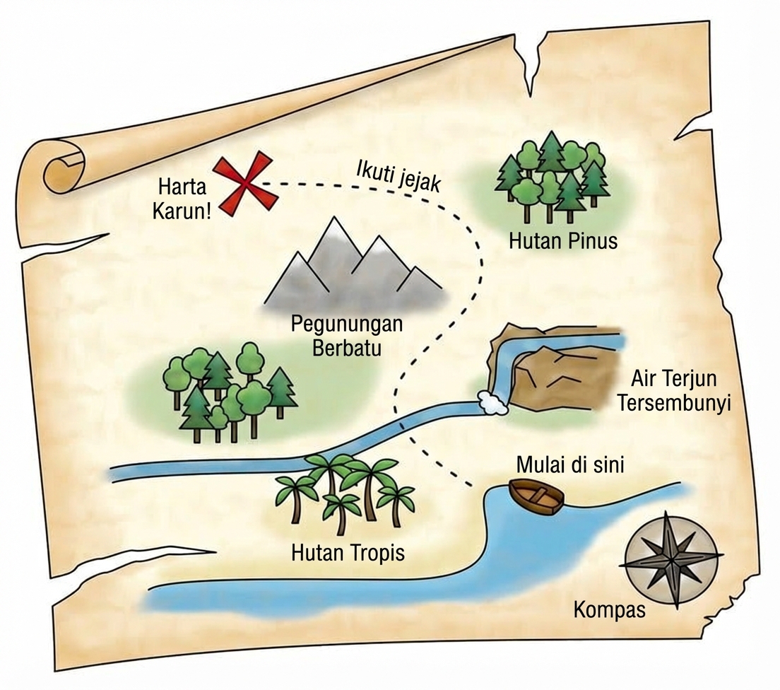 Gambar peta harta karun beserta beberapa petunjuk untuk menemukannya.