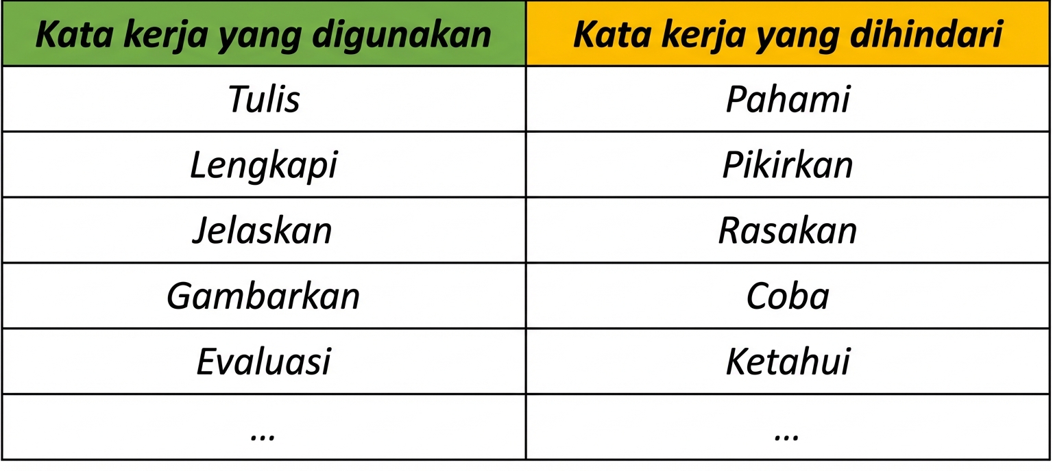 Tabel kata kerja yang digunakan seperti write, complete, explain, describe, atau evaluate, dan kata kerja yang harus dihindari seperti understand, think, feel, try, dan know.
