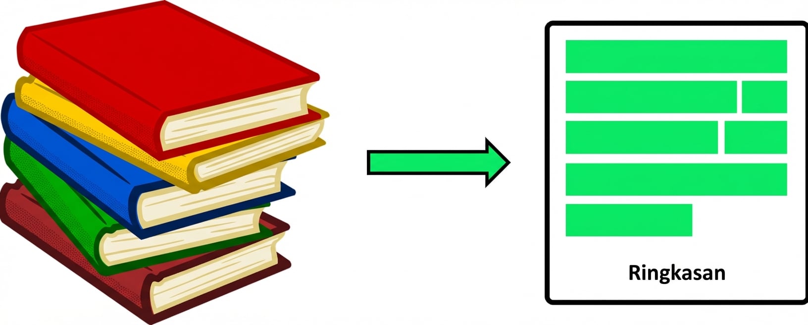 Gambar yang menunjukkan bagaimana peringkasan mengubah setumpuk buku menjadi dokumen berisi ringkasan.