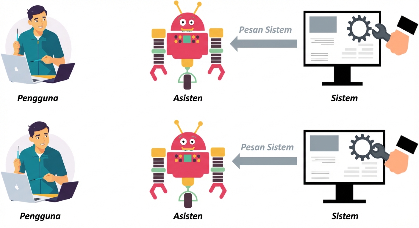 Gambar menampilkan ikon untuk tiga peran, dengan panah komunikasi antara system dan assistant untuk mengirim pesan system.