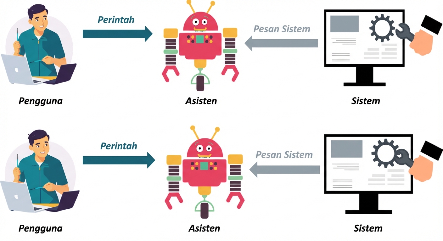 Gambar menampilkan ikon untuk tiga peran, dengan panah komunikasi antara system dan assistant untuk mengirim pesan system, dan panah komunikasi antara user dan assistant untuk mengirim prompt.